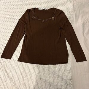 Brown Long Sleeve Knit Top with Beaded Scoop Neck